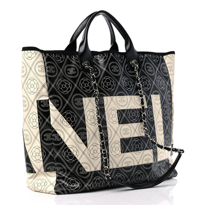 Chanel Coated Canvas Camellia Large Shopping Tote Black Beige 3 of 9