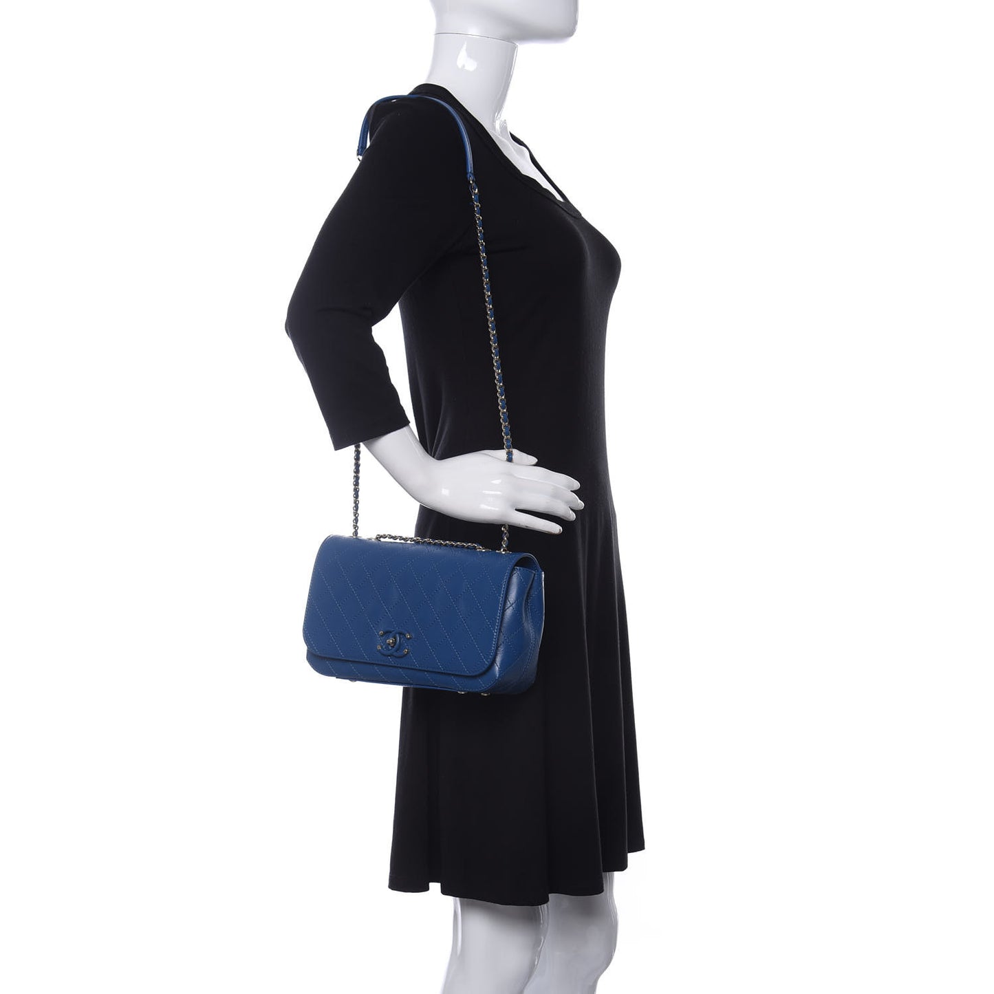 Calfskin Stitched Medium Covered CC Flap Bag Blue