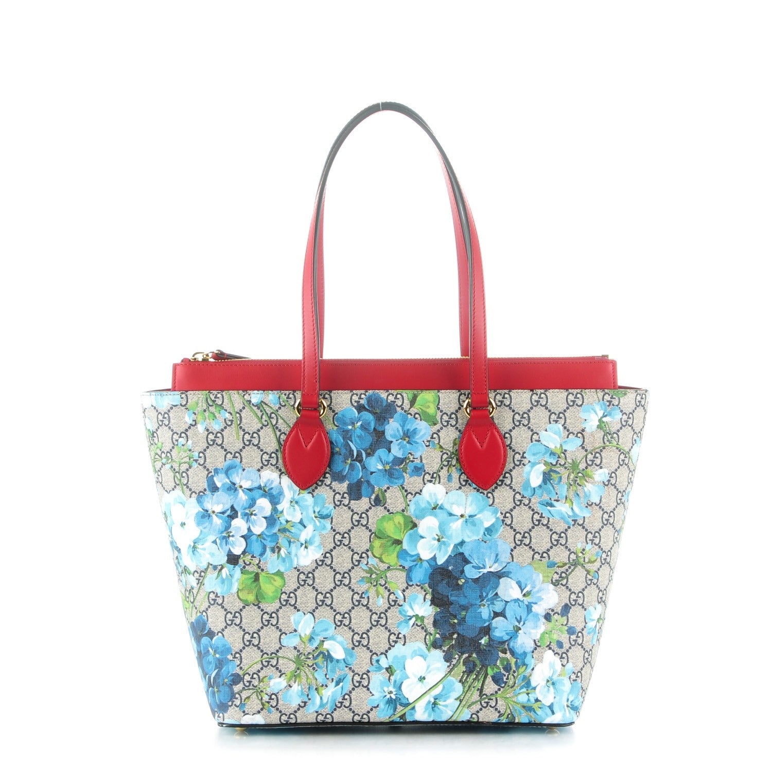 Gucci GG Supreme Monogram Blooms Medium Zippered Bucket Tote Beige Blue Navy Hibiscus Red 1 of 7