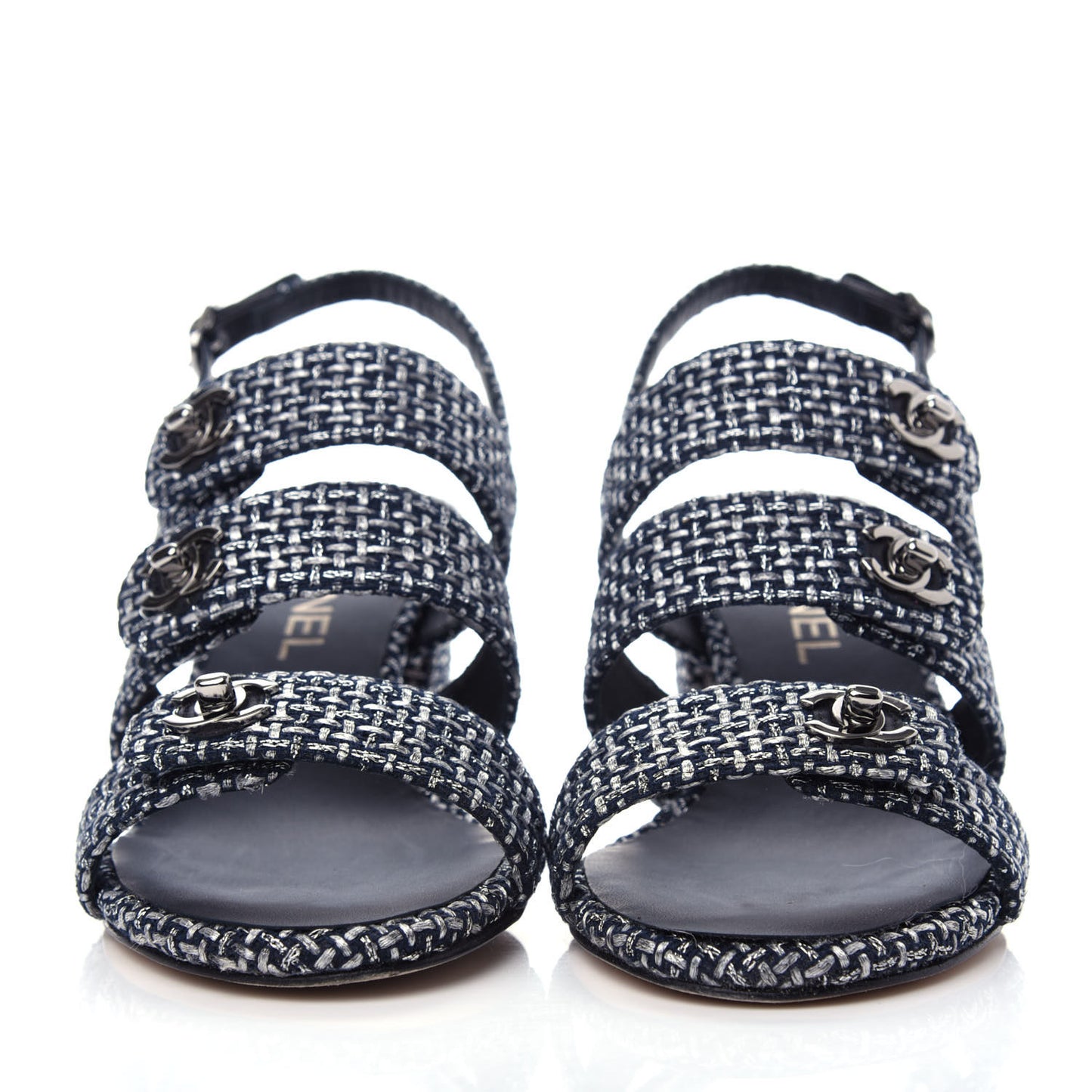 Tweed Lambskin CC Turnlock Sandals 38 Grey Silver Black