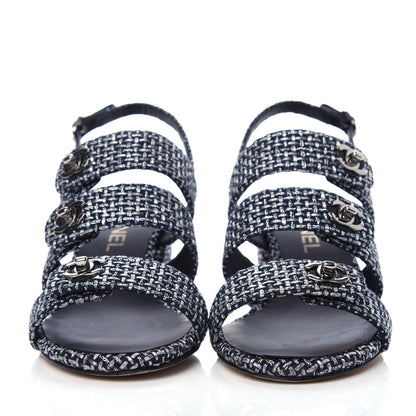 Chanel Tweed Lambskin CC Turnlock Sandals 38 Grey Silver Black 2 of 11