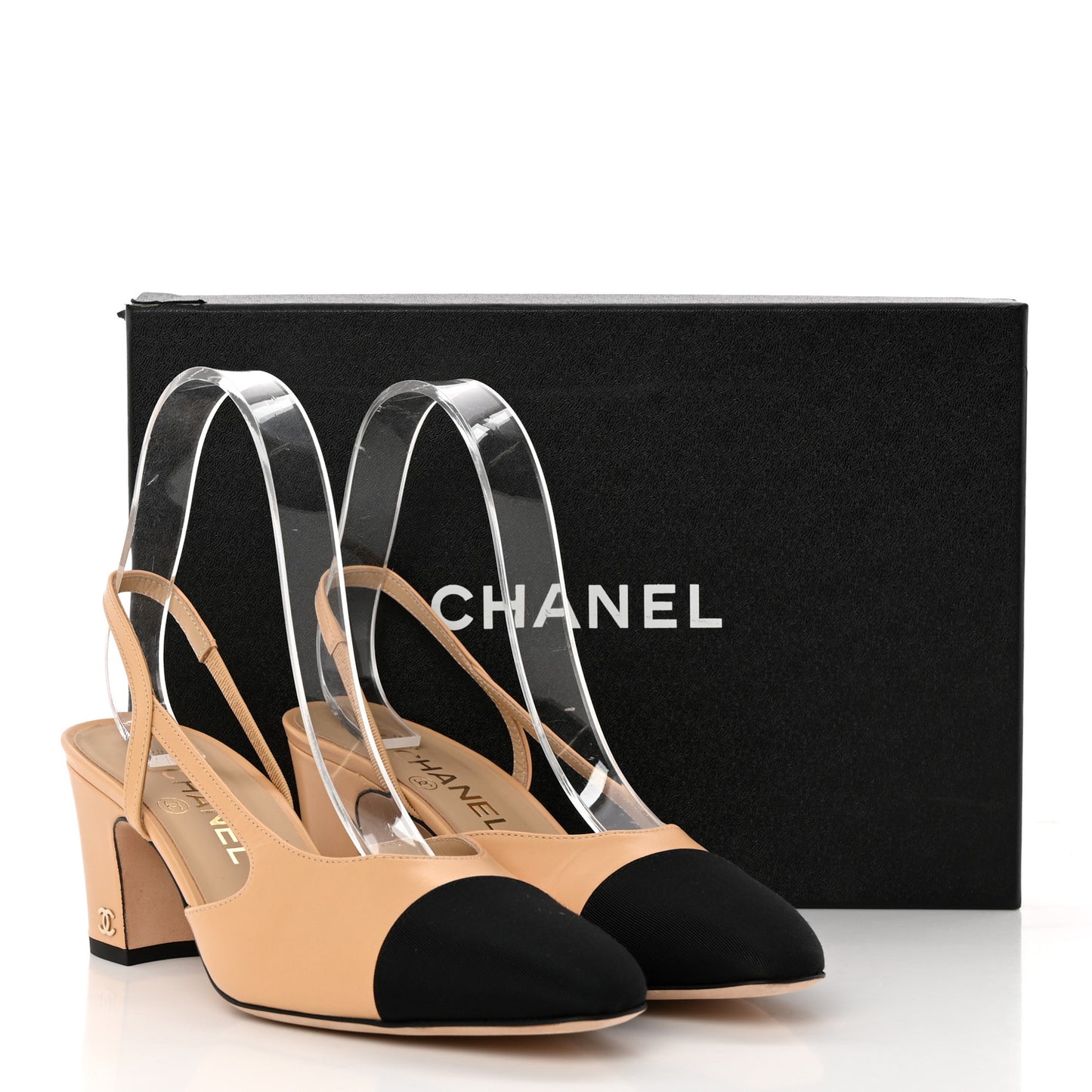 Lambskin Grosgrain Cap Toe CC Slingback Pumps 38 Beige Black
