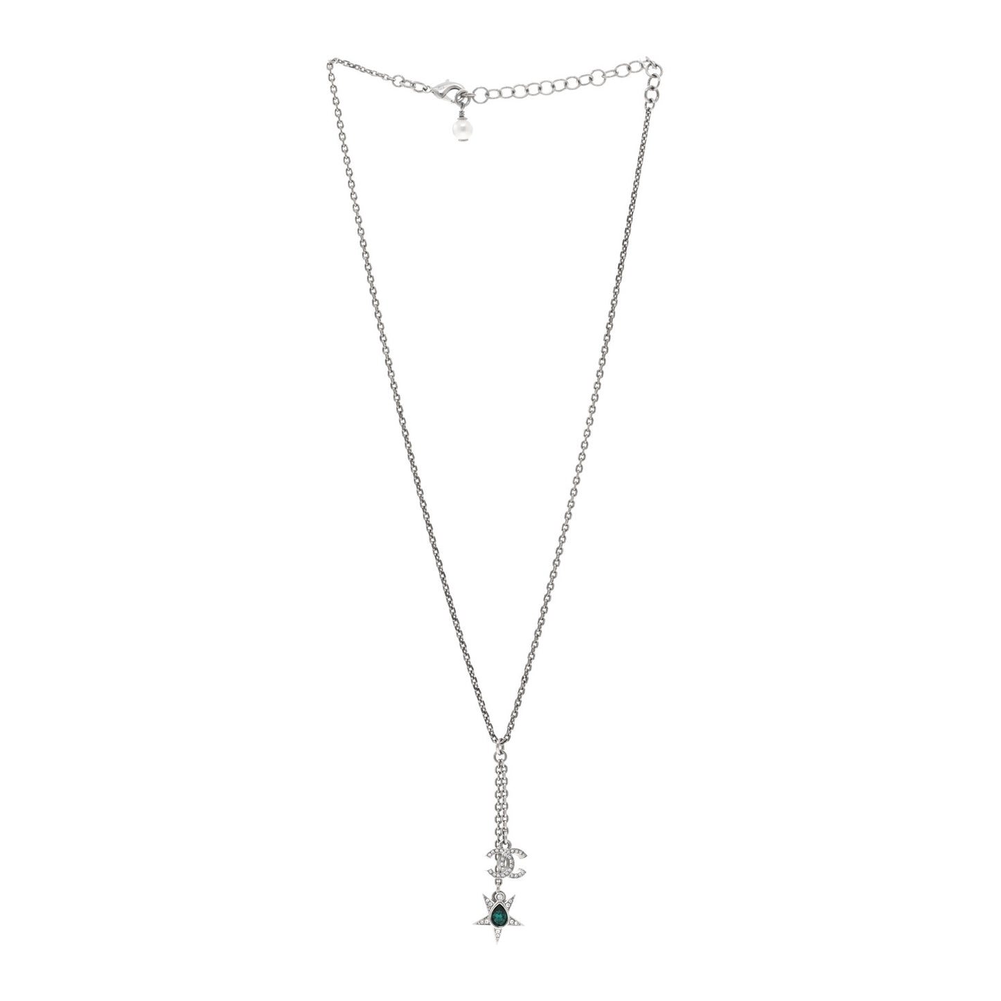 Pearl Crystal CC Star Drop Necklace Silver Green Pearly White Silver Green
