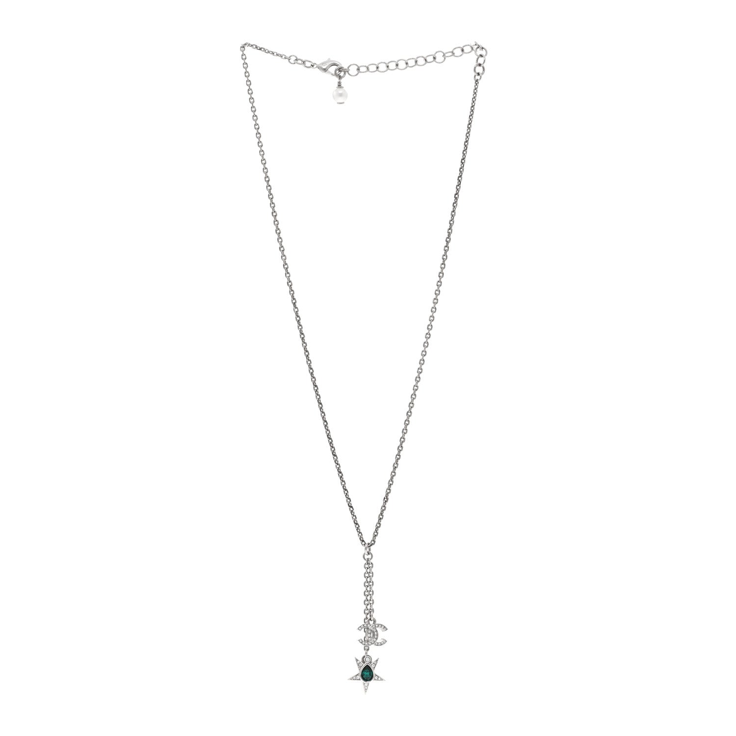 Chanel Pearl Crystal CC Star Drop Necklace Silver Green Pearly White Silver Green 3 of 6
