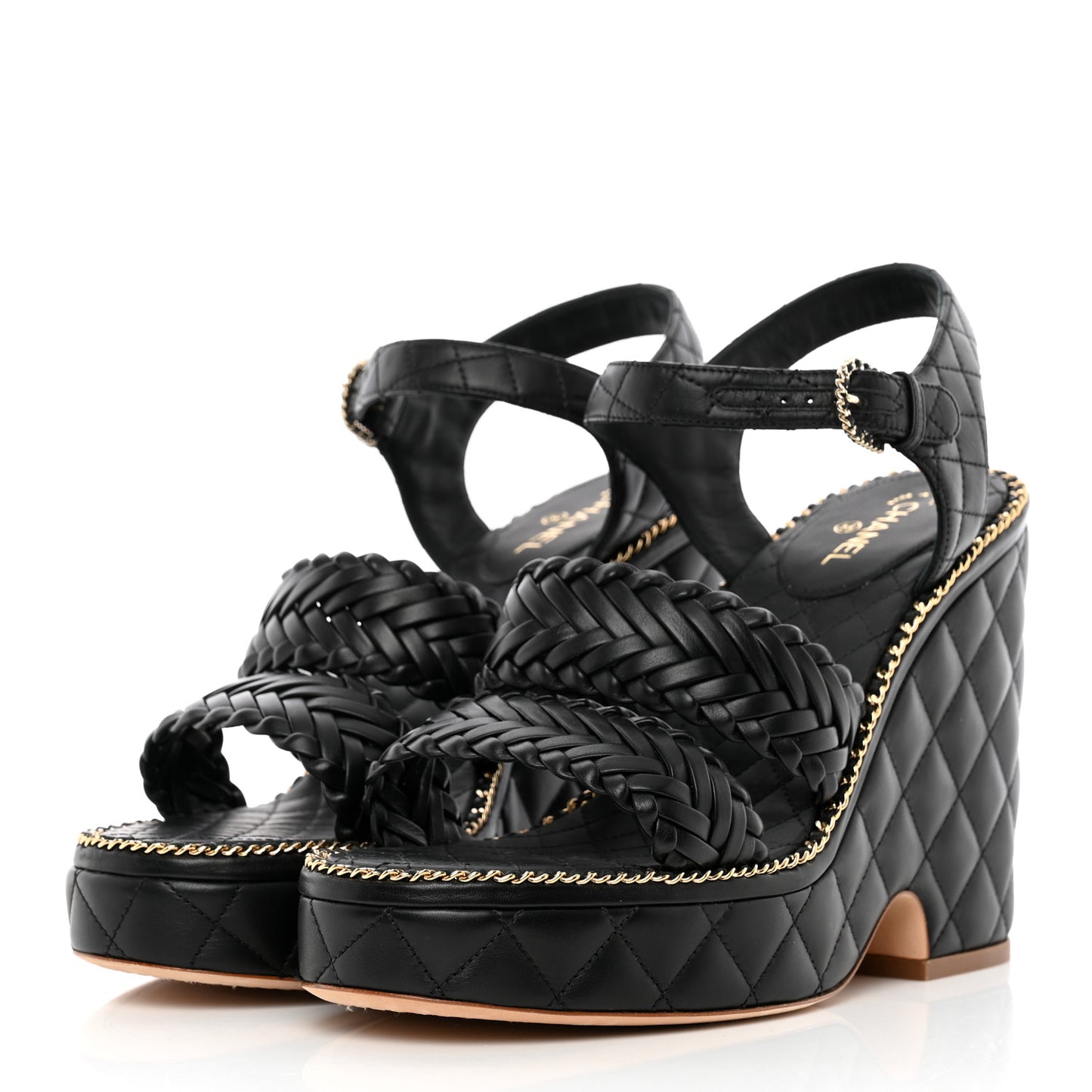 Calfskin Quilted Chain Around Wedge Sandals 40 Black