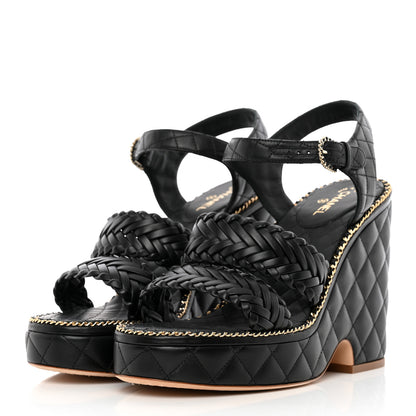 Chanel Calfskin Quilted Chain Around Wedge Sandals 40 Black 3 of 12