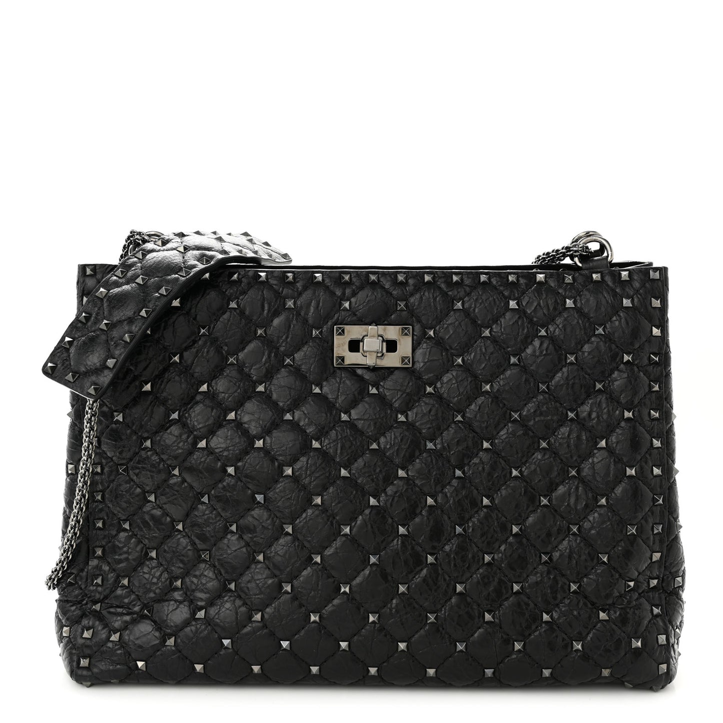 Craquele Nappa Rockstud Spike Shoulder Tote Black
