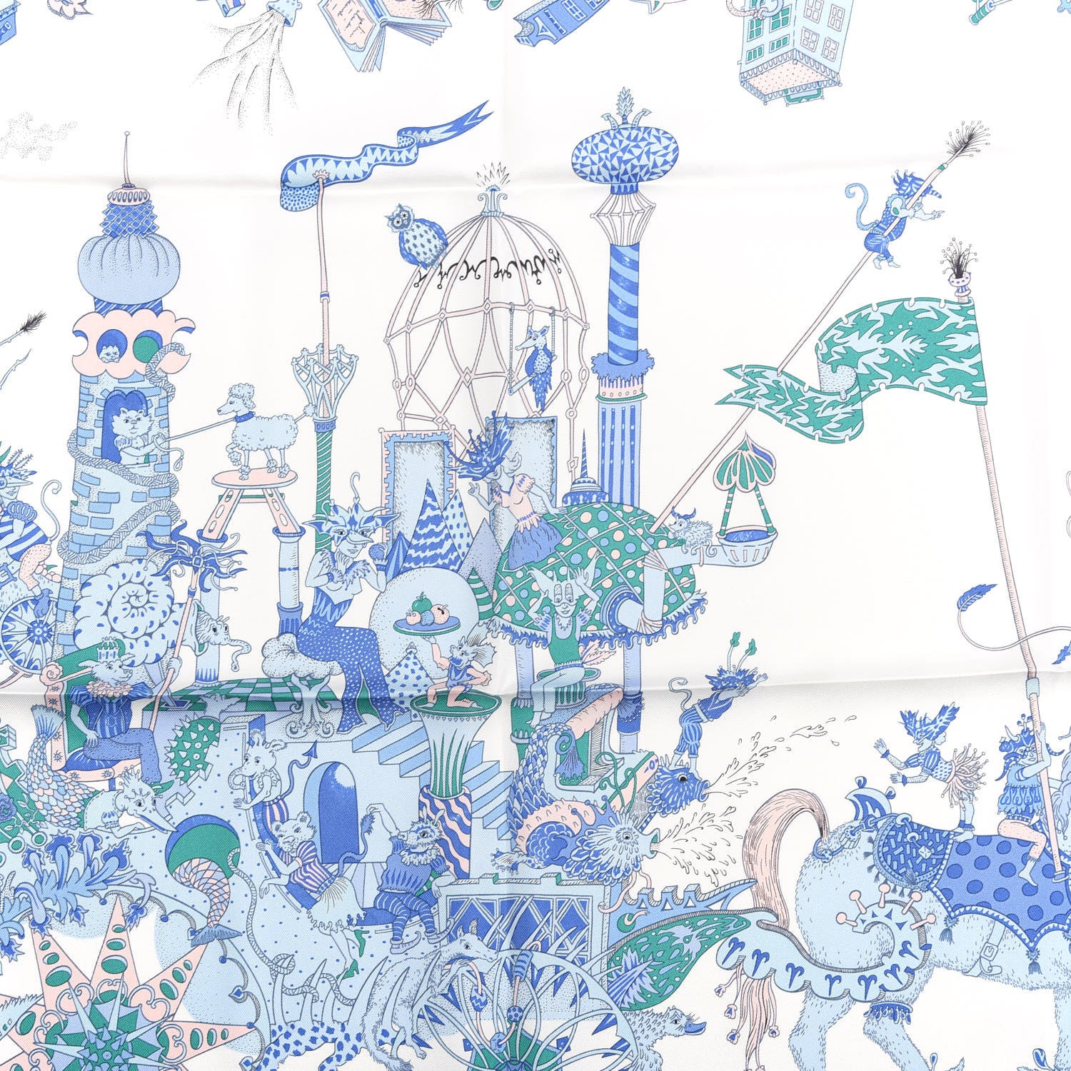 Hermes Silk Twill La Folle Parade Scarf 90 Bleu Jean White Rose 3 of 4