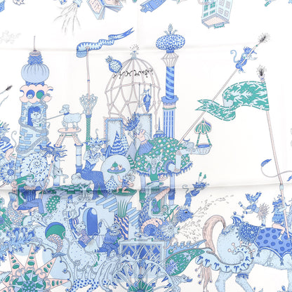 Hermes Silk Twill La Folle Parade Scarf 90 Bleu Jean White Rose 3 of 4