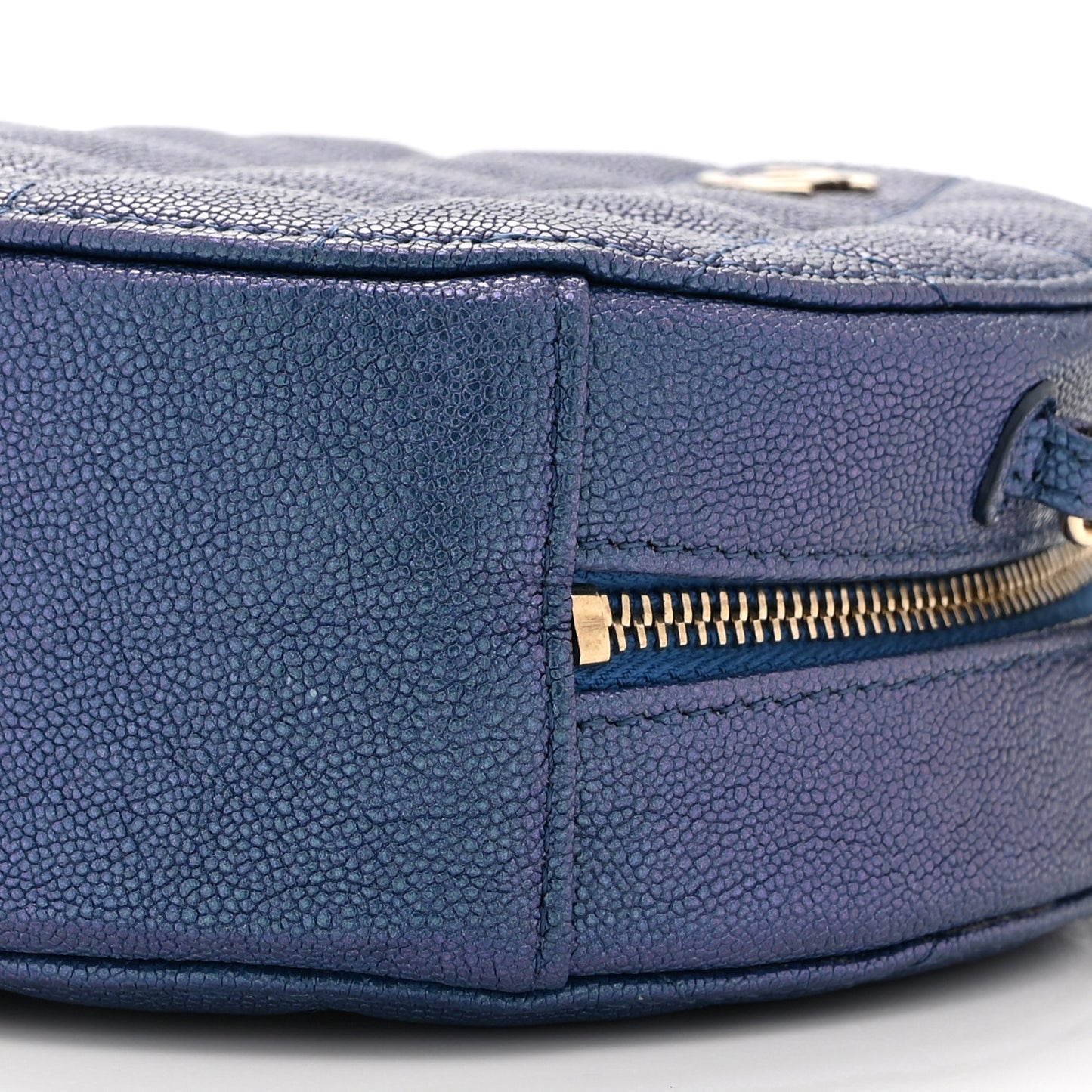 Iridescent Caviar Quilted Round Clutch With Chain Blue