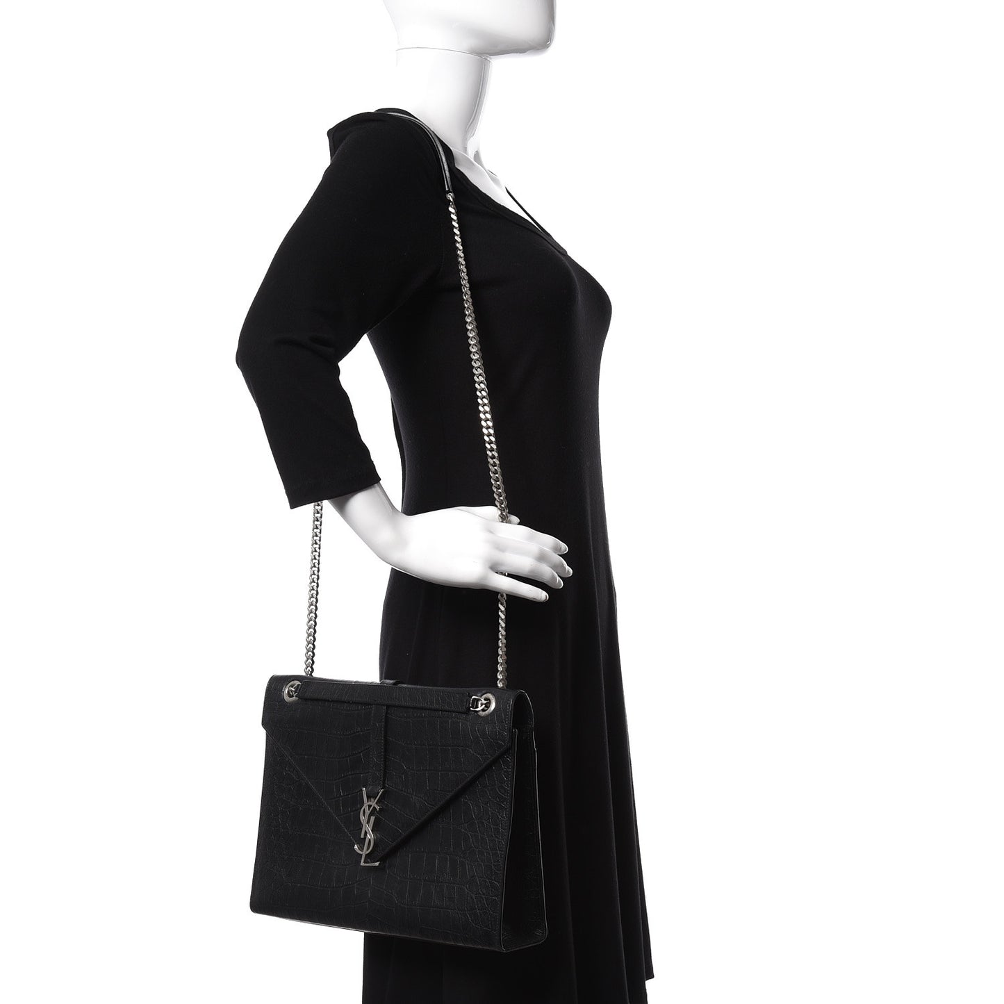 Calfskin Crocodile Embossed Monogram Large Satchel Black