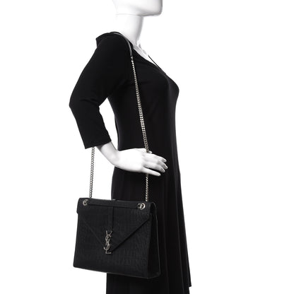 Saint Laurent Calfskin Crocodile Embossed Monogram Large Satchel Black 2 of 10