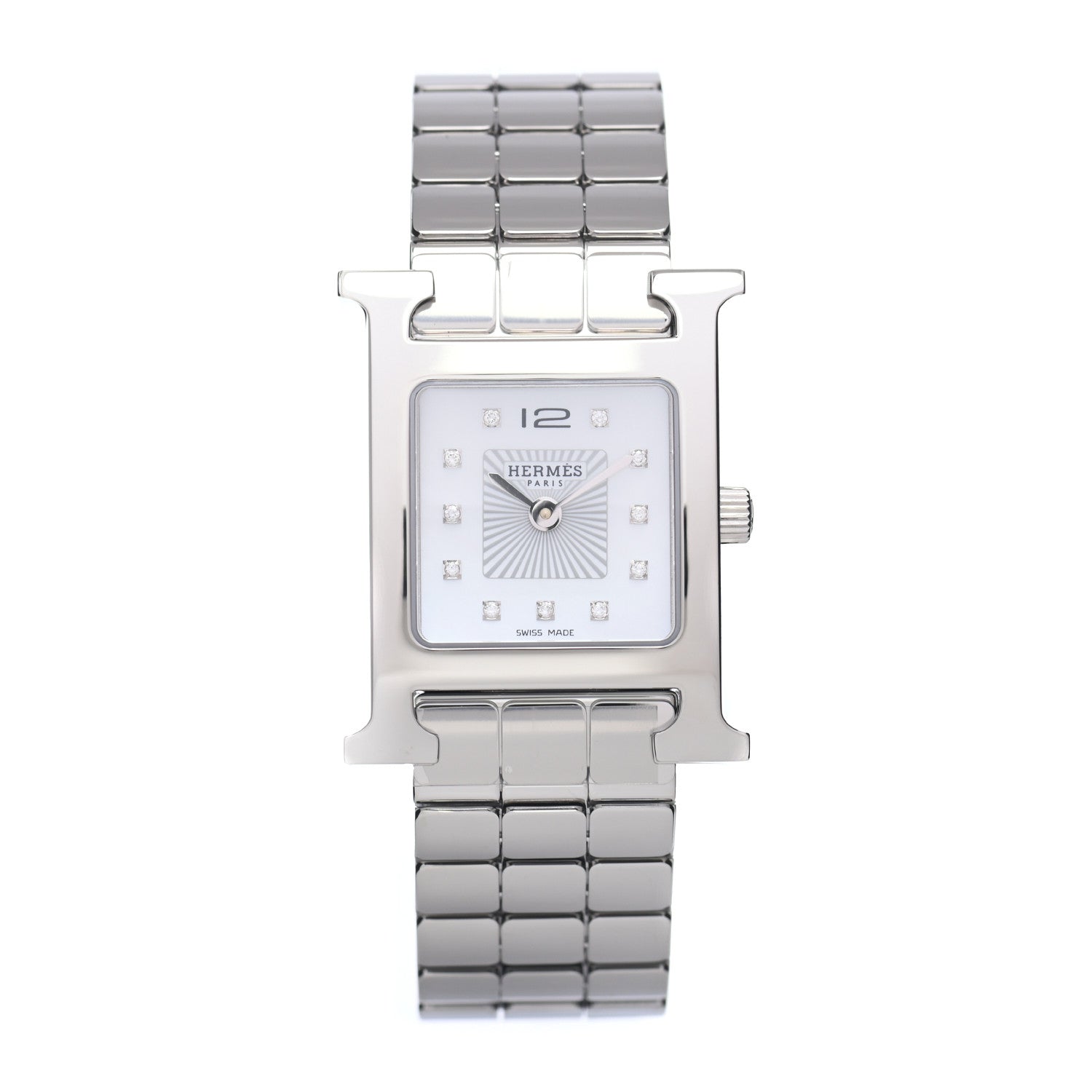 Hermes Stainless Steel Diamond Mother of Pearl 21mm Heure H Hour Quartz Watch 1 of 5
