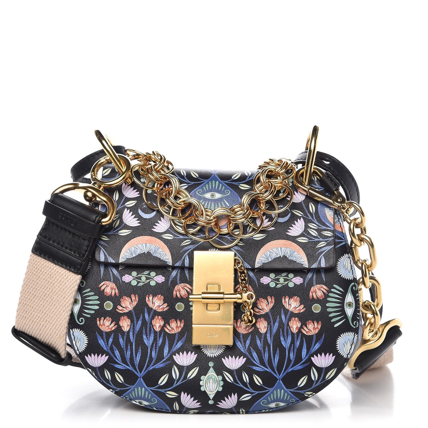 Calfskin Floral Print Drew Bi-Color Shoulder Bag Full Blue