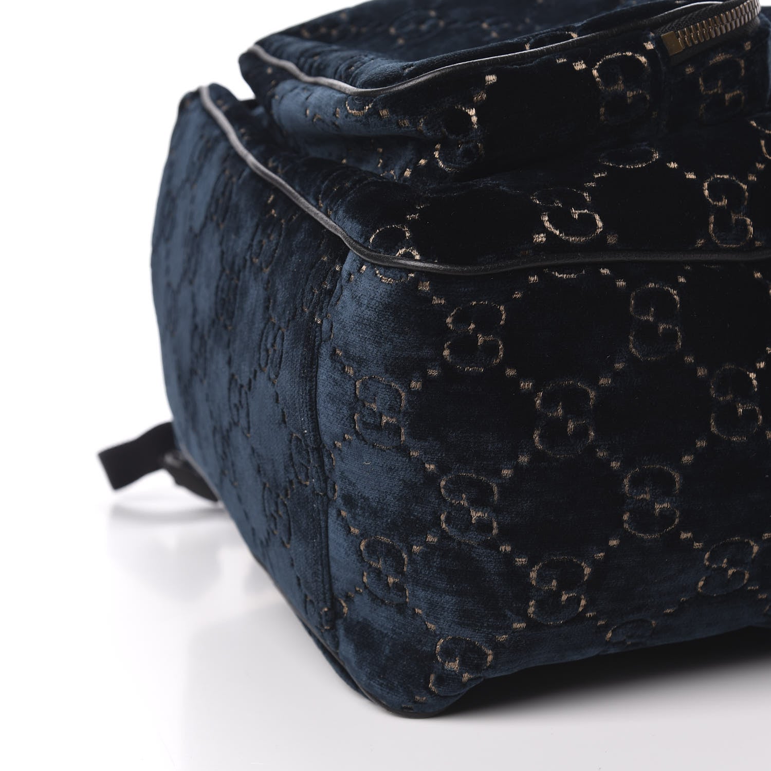 Gucci Velvet GG Monogram Textured Calfskin Web Small Double Buckle Backpack Blue Beige Black 9 of 9
