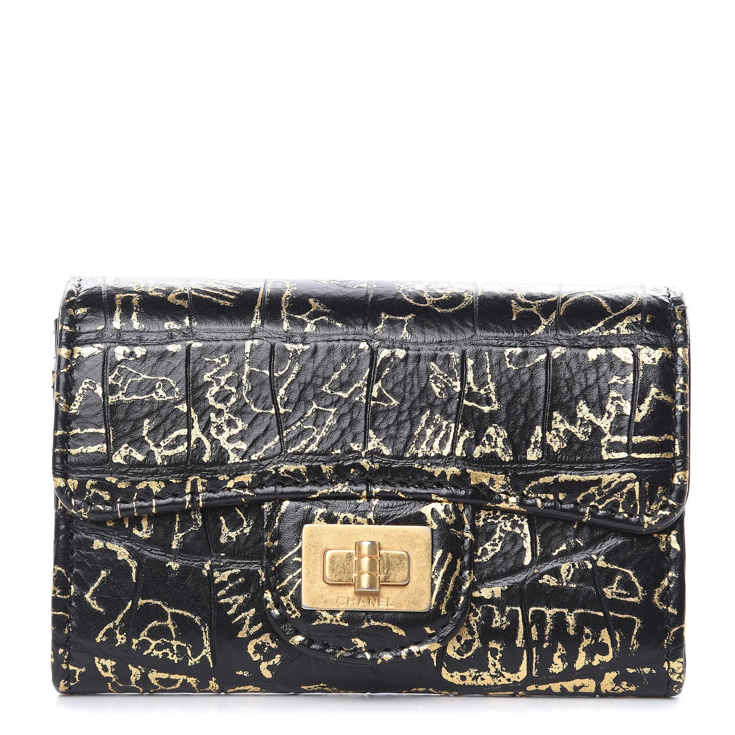 Calfskin Crocodile Embossed Graffiti 2.55 Cocodile Reissue Flap Card Holder Black Gold