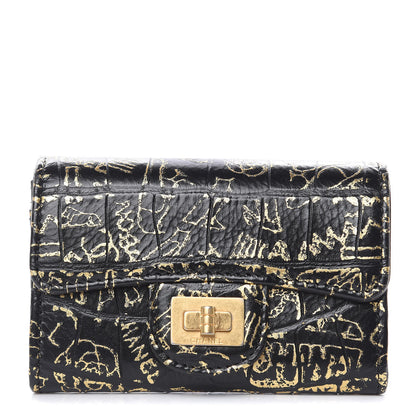 Chanel Calfskin Crocodile Embossed Graffiti 2.55 Cocodile Reissue Flap Card Holder Black Gold 1 of 9
