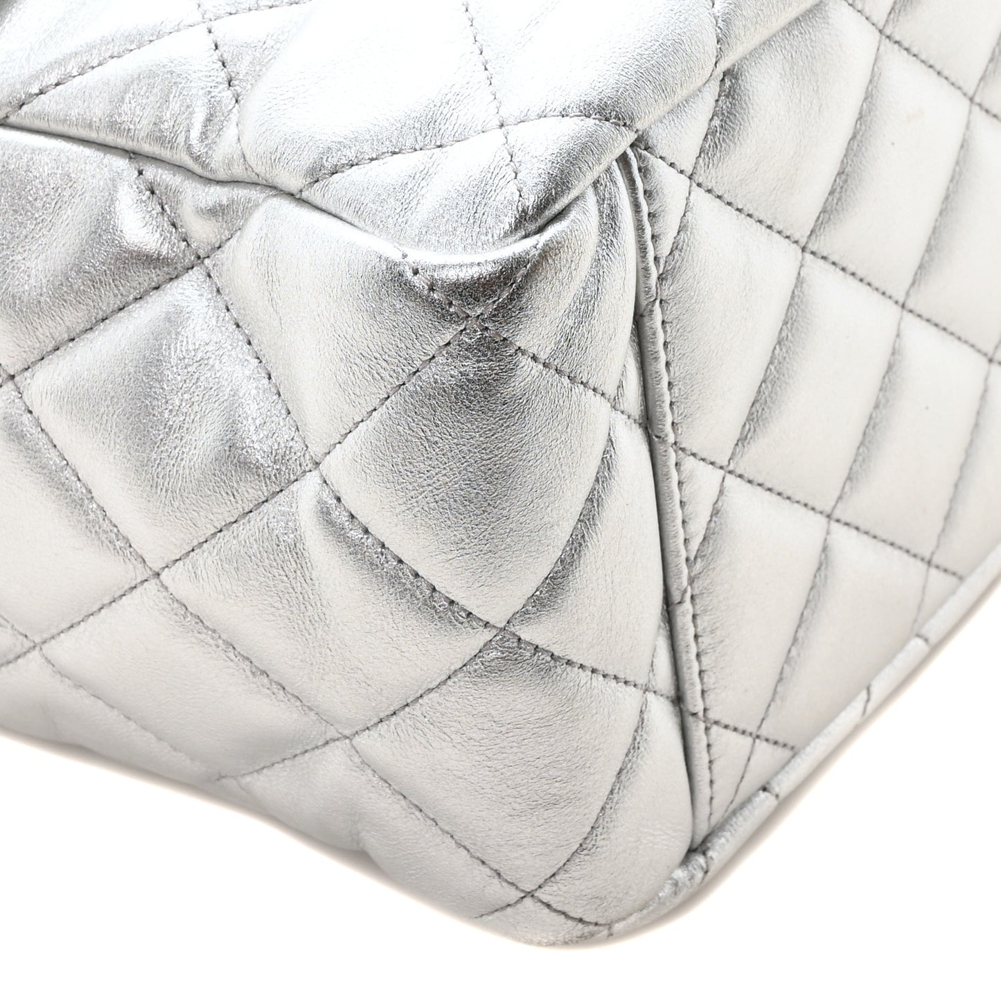 Metallic Lambskin Quilted XXL Travel Flap Bag Silver