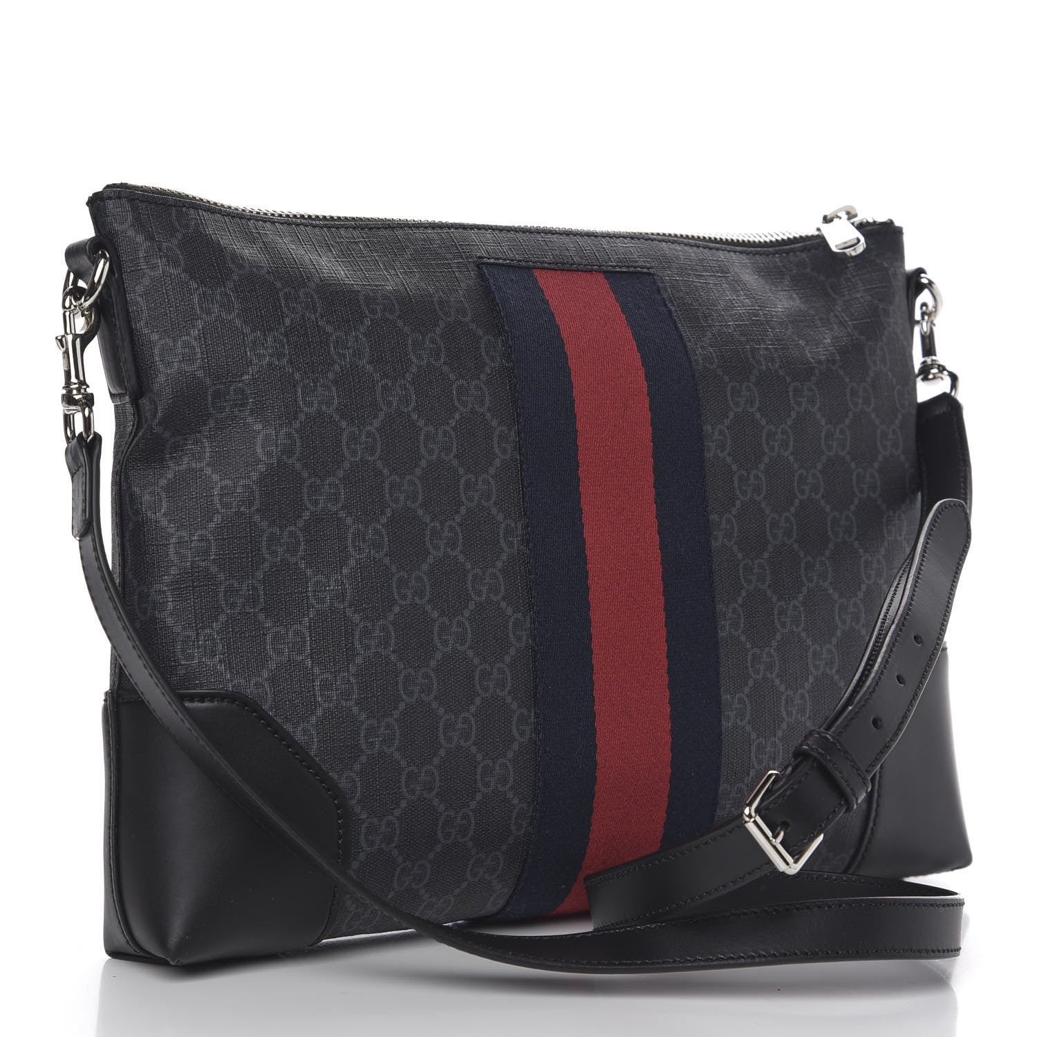 Gucci Soft GG Supreme Monogram Appia Calfskin Web East West Messenger Bag Black Grey 2 of 10