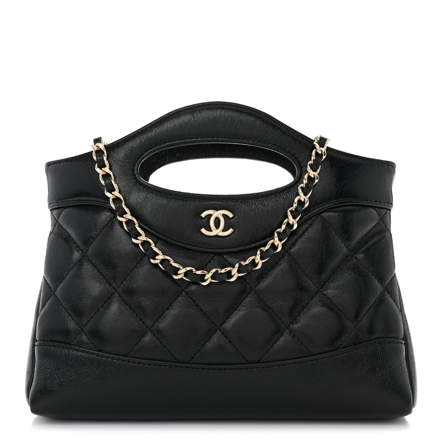 Shiny Crumpled Calfskin Quilted Nano 31 Shopping Bag Black