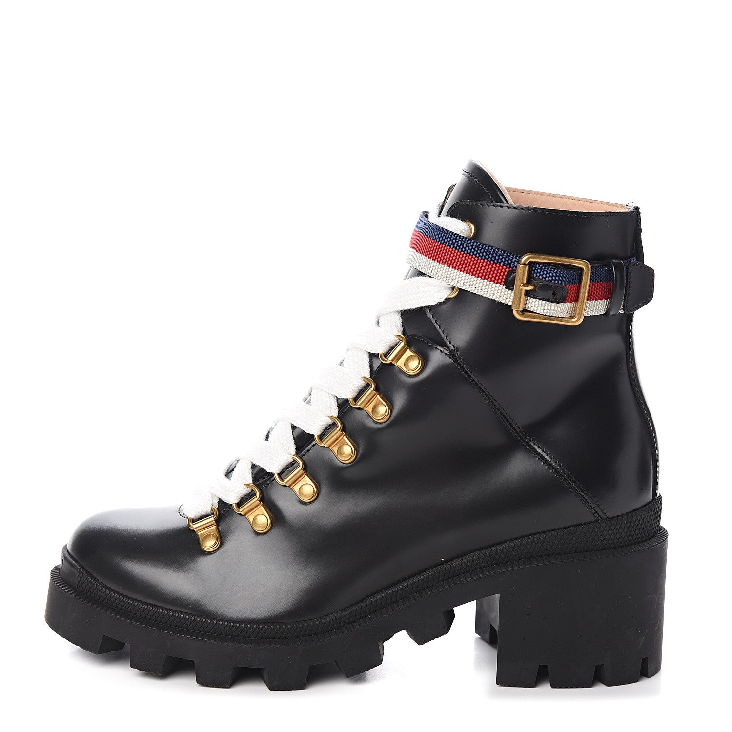 Gucci Calfskin Womens Sylvie Web Lace Up Combat Boots 37.5 Black 1 of 10