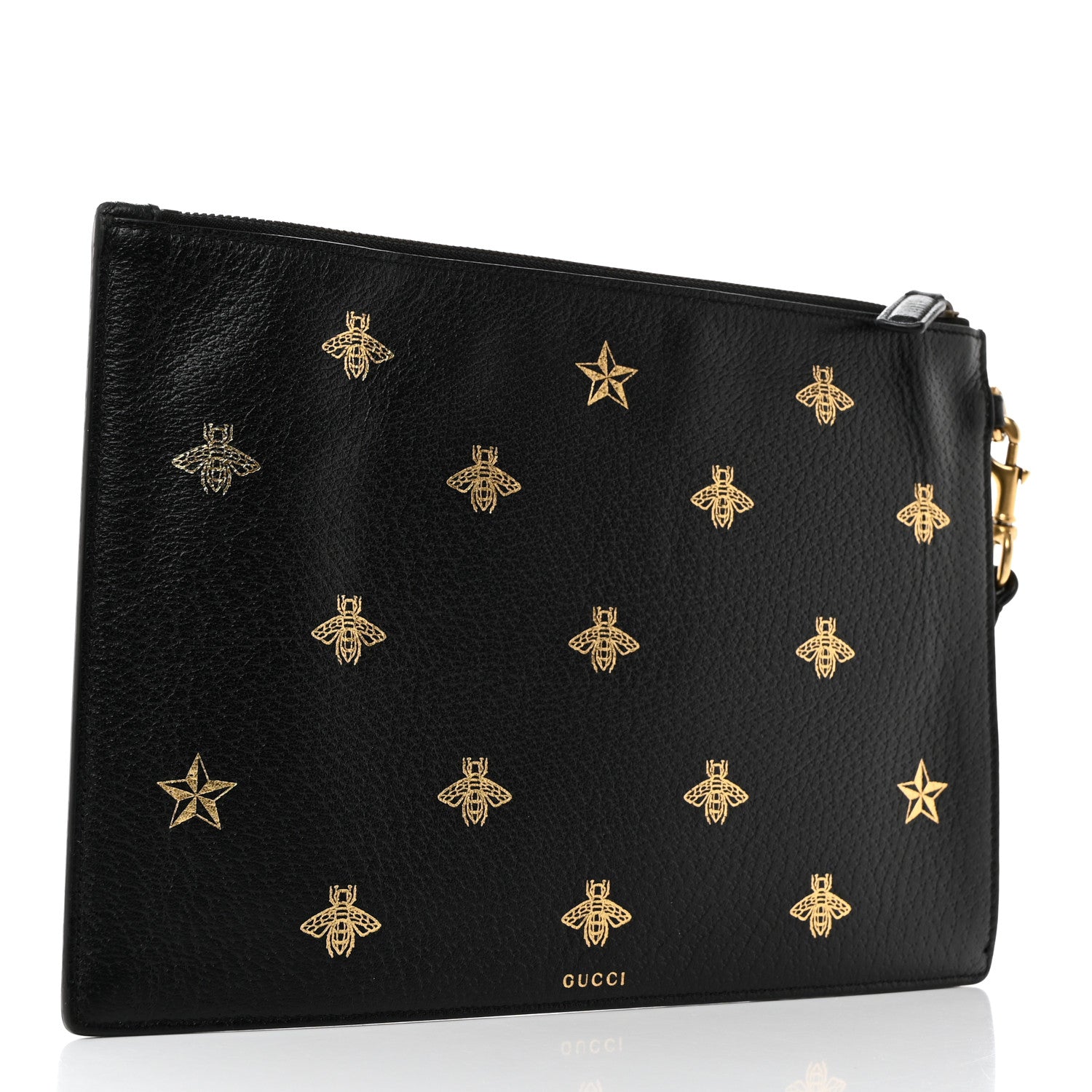 Gucci Dollar Calfskin Boar Effect Bee Star Zip Wristlet Pouch Black 3 of 8