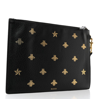 Gucci Dollar Calfskin Boar Effect Bee Star Zip Wristlet Pouch Black 3 of 8