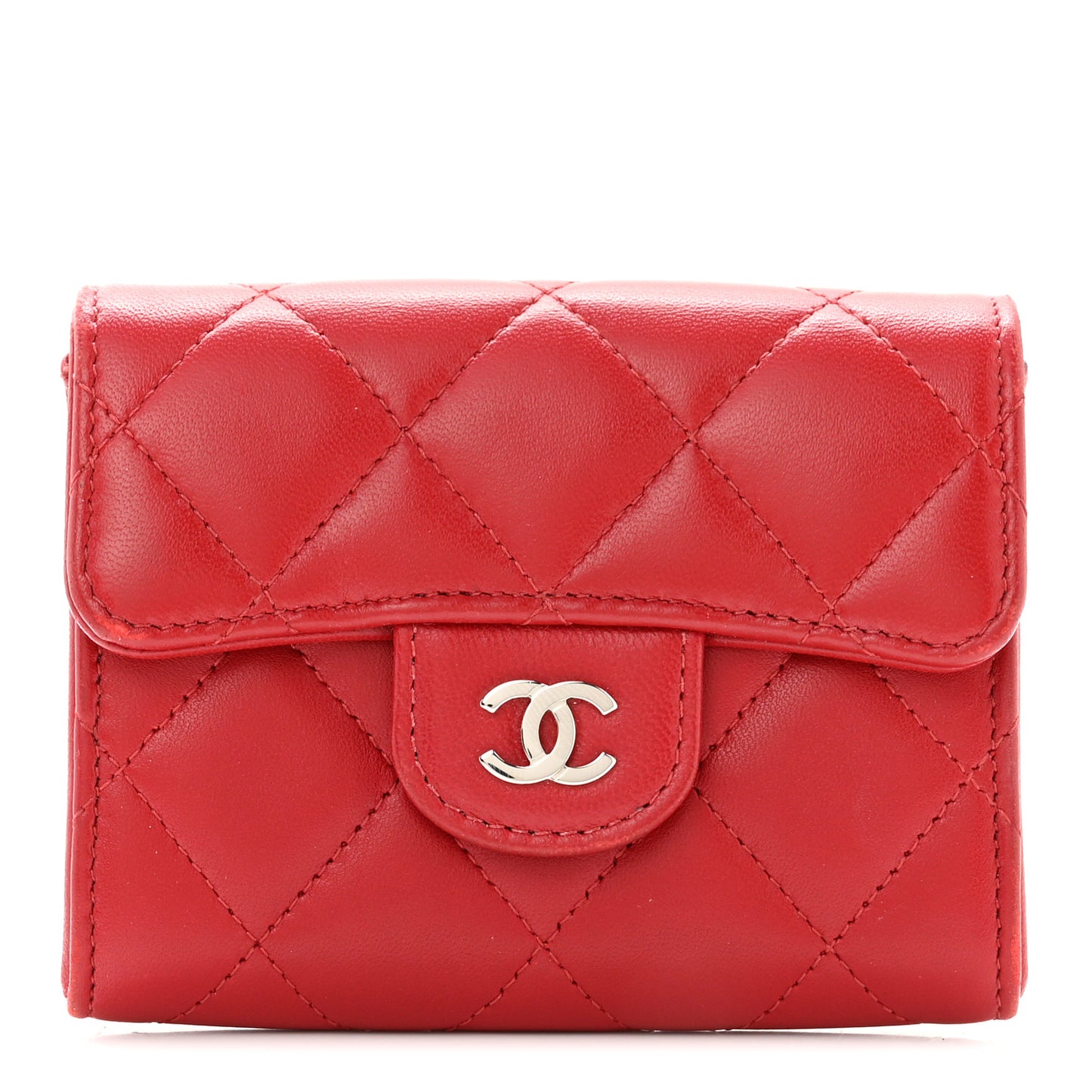 Lambskin Quilted Flap Card Holder Wallet Red