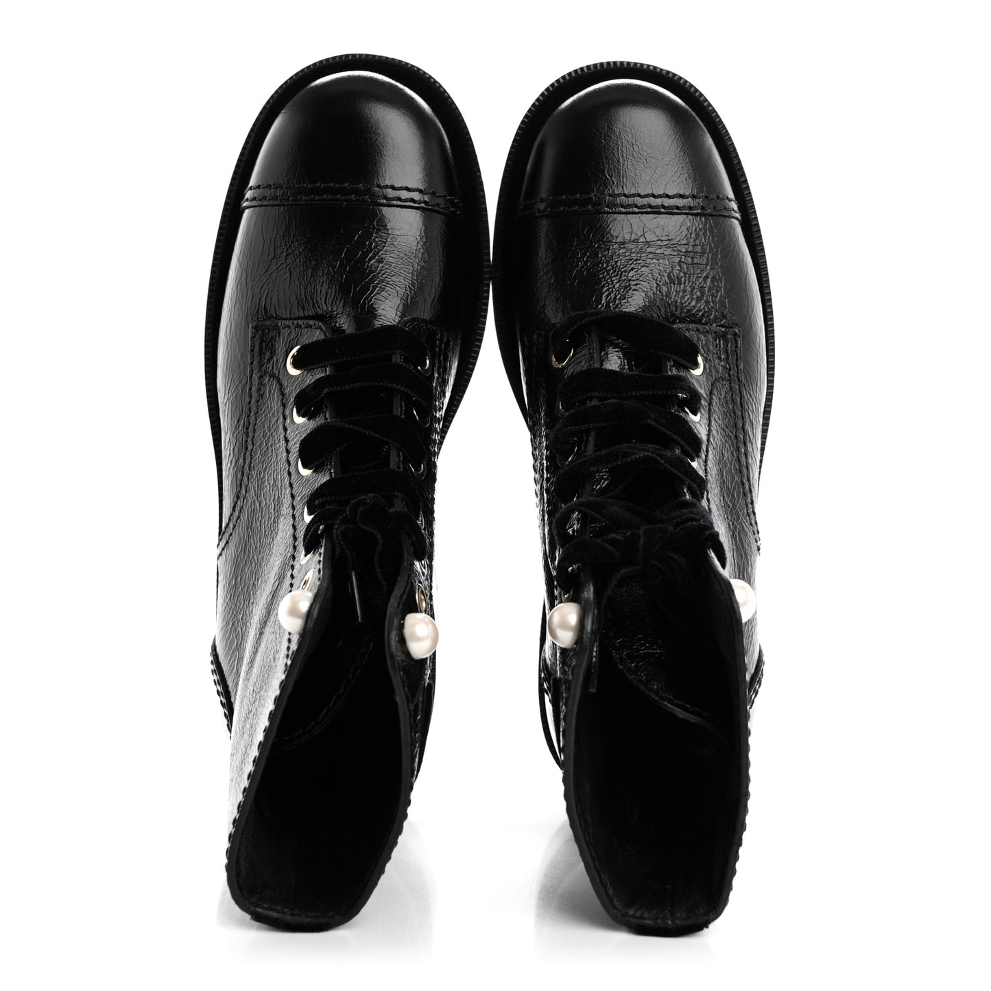 Shiny Calfskin Velvet Pearl Combat Short Boots 36 Black
