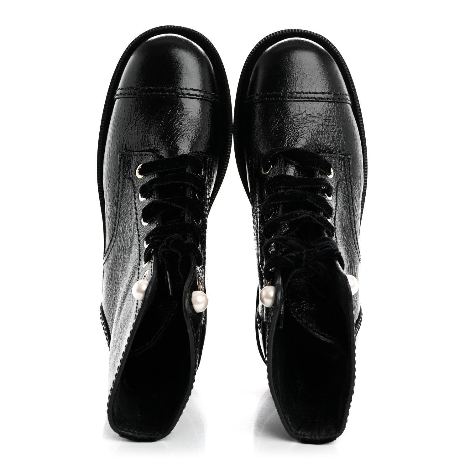 Chanel Shiny Calfskin Velvet Pearl Combat Short Boots 36 Black 2 of 10