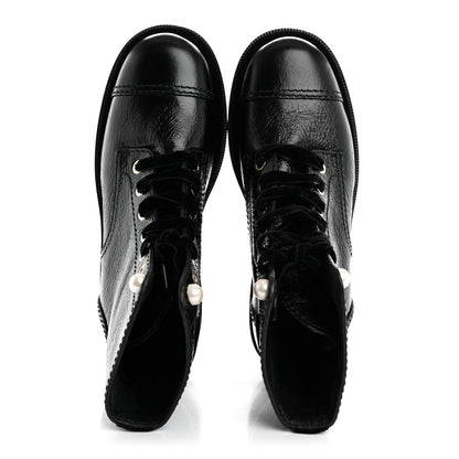 Chanel Shiny Calfskin Velvet Pearl Combat Short Boots 36 Black 2 of 10