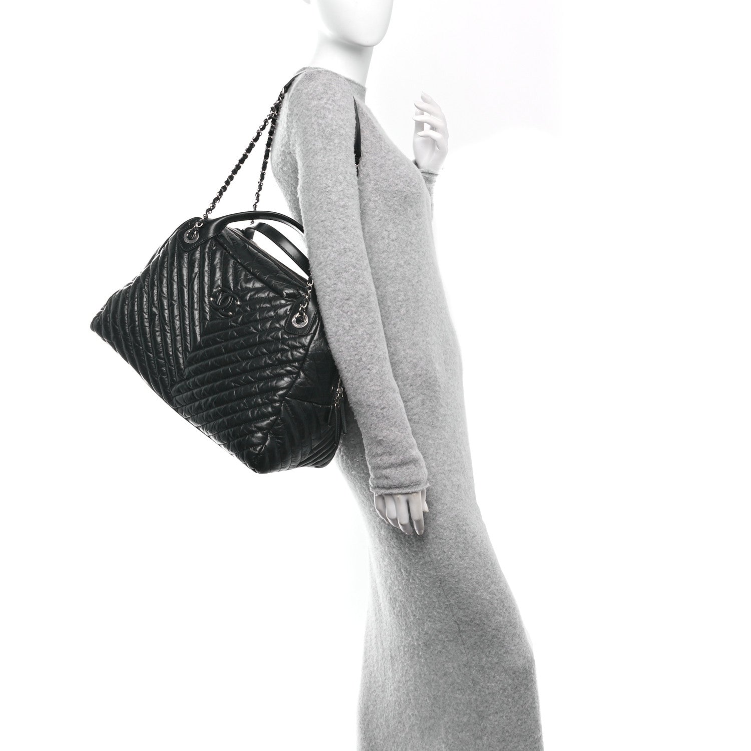 Chanel Aged Calfskin Chevron Medium Soft Bowling Bag Black 2 of 10
