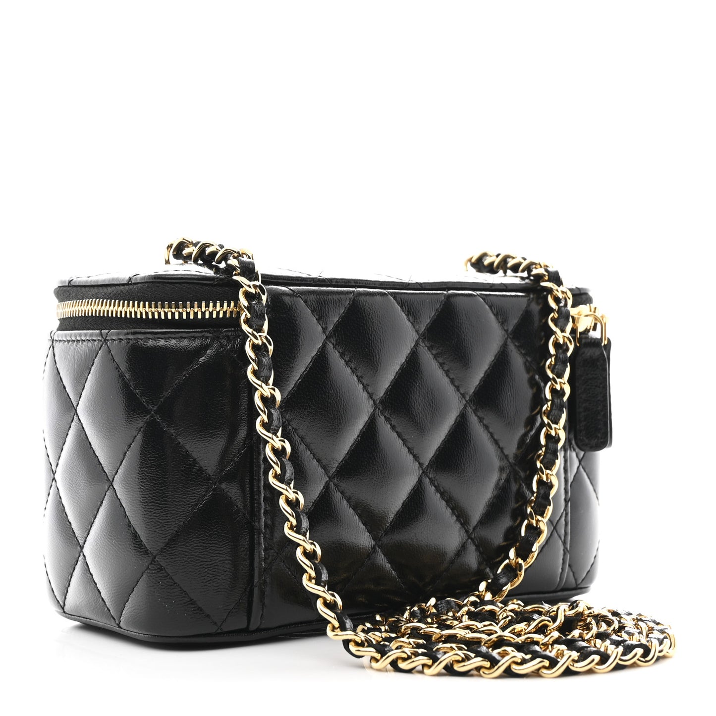 Shiny Lambskin Quilted Small Vanity Case With Chain Black