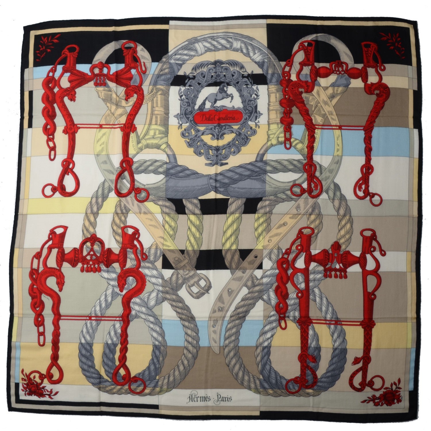 Hermes Cashmere Silk Della Cavalleria GM Scarf 140 Noir Jaune Rouge 2 of 6