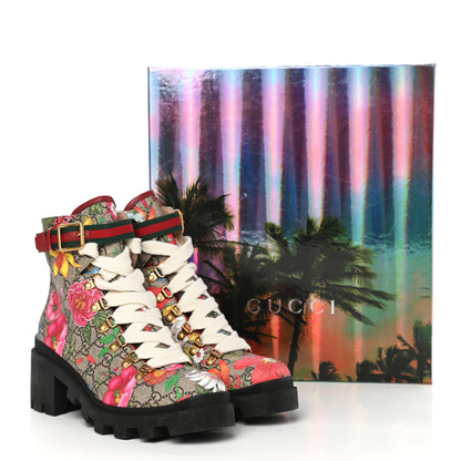 Gucci GG Supreme Monogram Flora Lace Up Combat Ankle Boots 39 Beige Multicolor Red 9 of 9