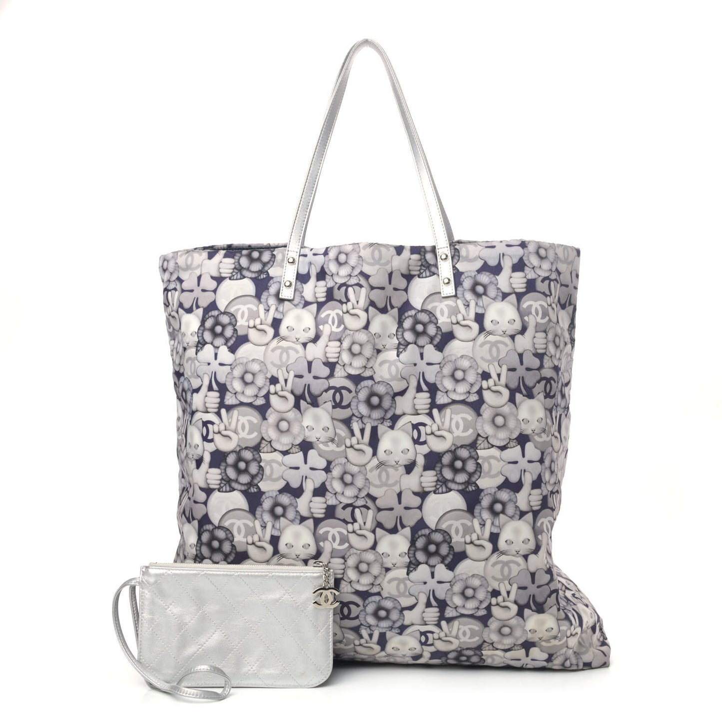 Nylon Cat Emoticon Tote Navy Silver