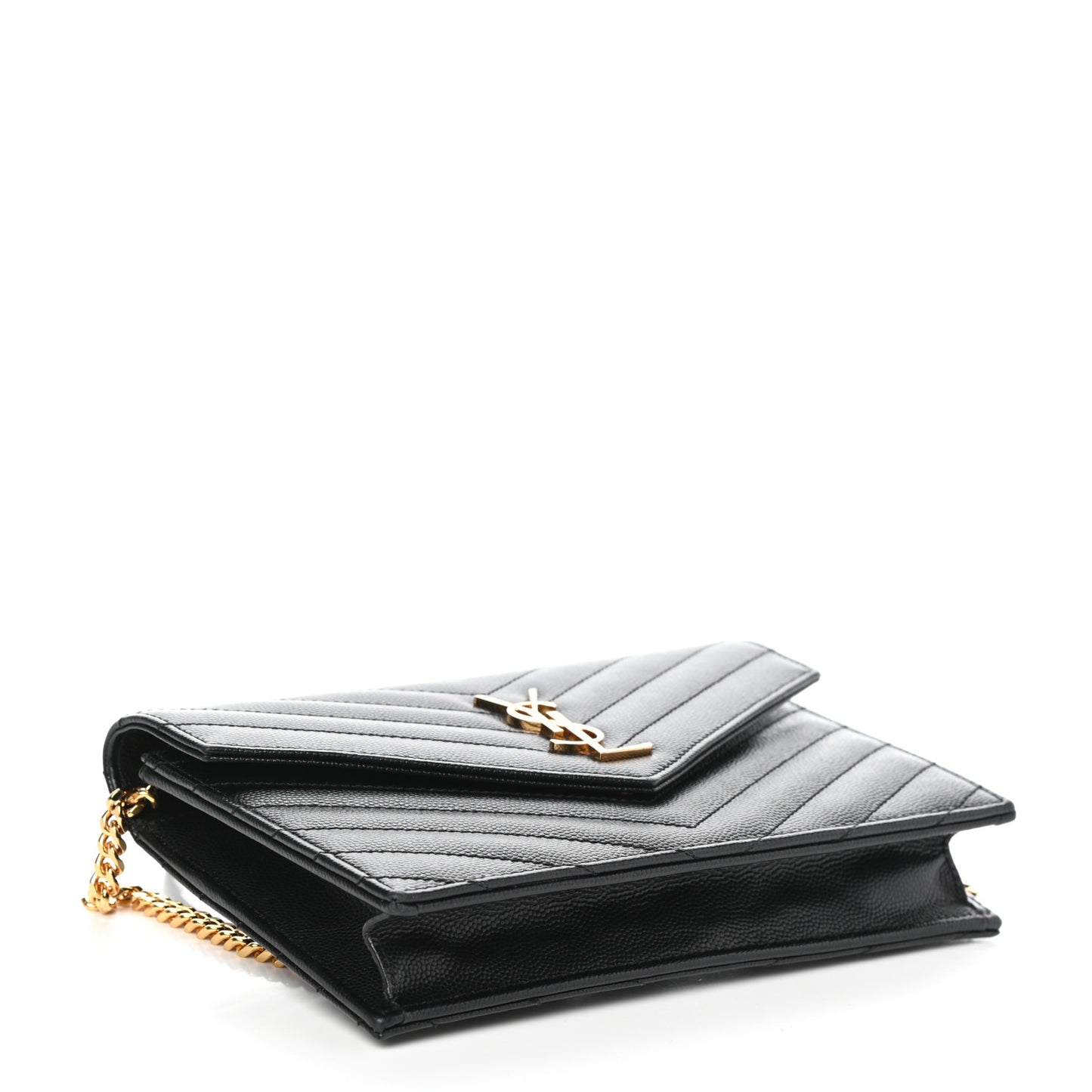 Grain De Poudre Matelasse Chevron Monogram Envelope Chain Wallet Black