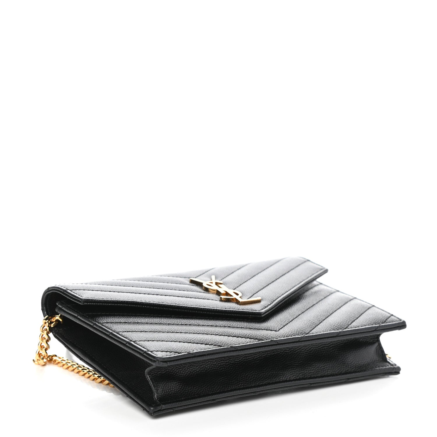 Saint Laurent Grain De Poudre Matelasse Chevron Monogram Envelope Chain Wallet Black 4 of 8