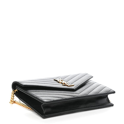 Saint Laurent Grain De Poudre Matelasse Chevron Monogram Envelope Chain Wallet Black 4 of 8