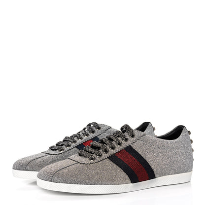Gucci Glitter Fabric Studded Web Womens Sneakers 36.5 Silver 3 of 9