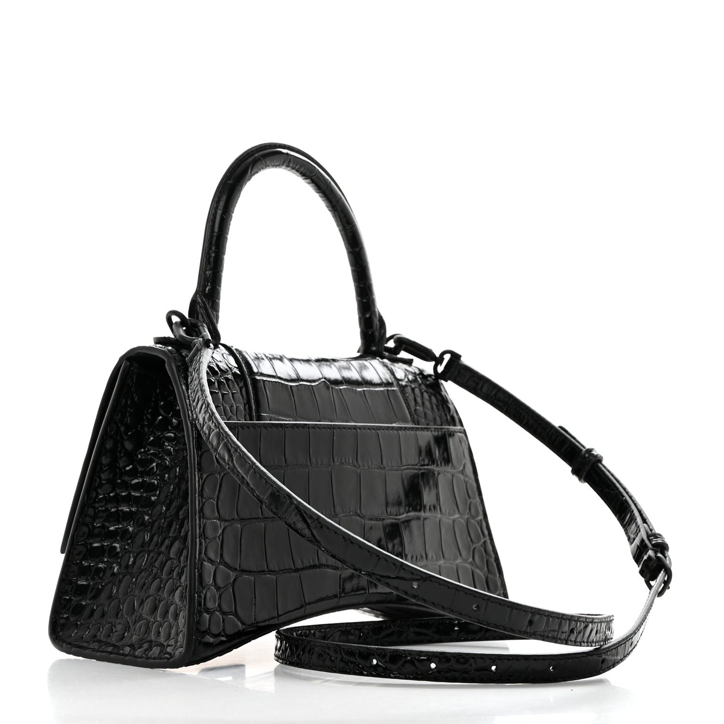 Shiny Calfskin Monochrome Crocodile Embossed Small Hourglass Top Handle Bag Black