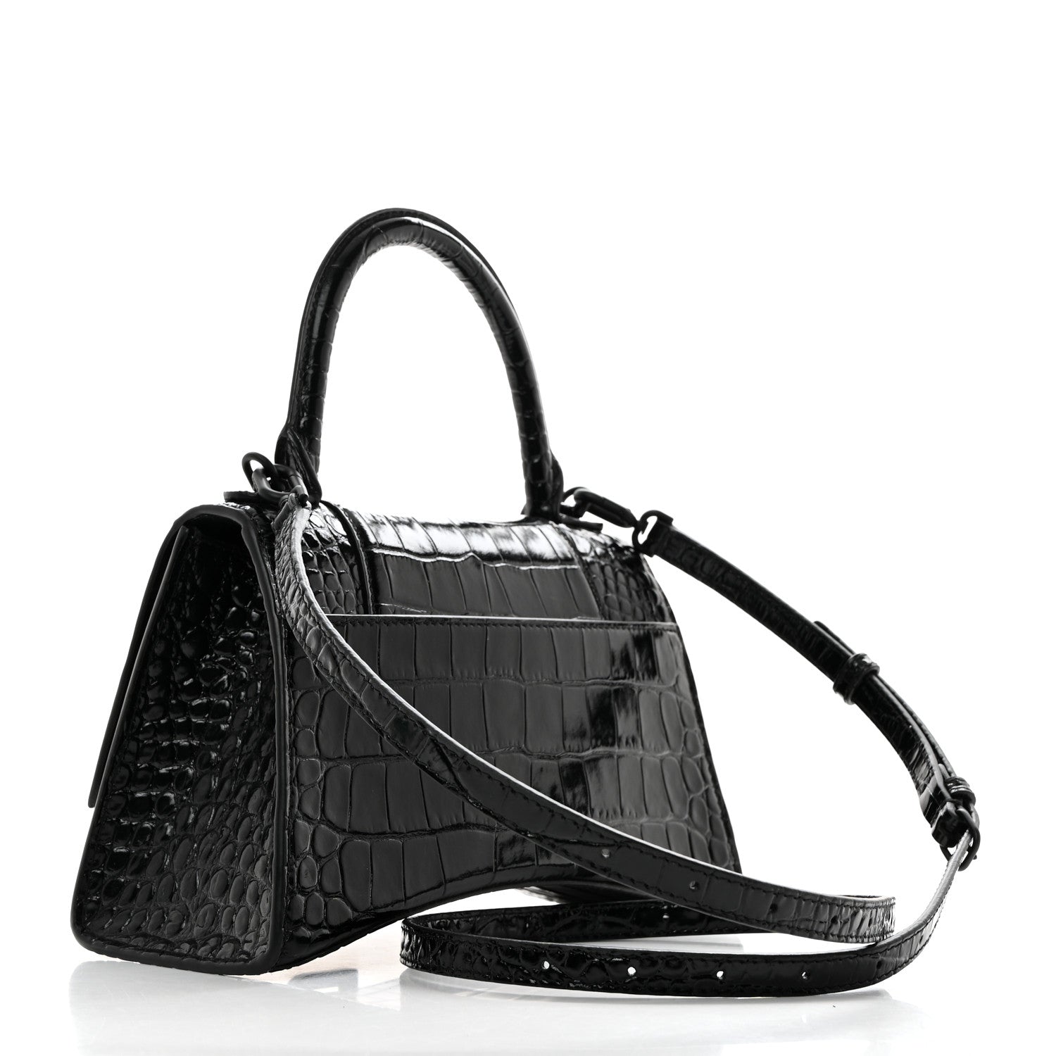 Balenciaga Shiny Calfskin Monochrome Crocodile Embossed Small Hourglass Top Handle Bag Black 2 of 11