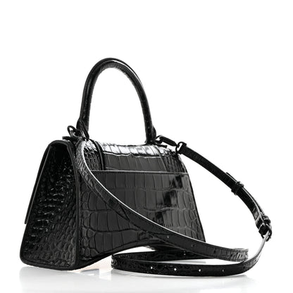 Balenciaga Shiny Calfskin Monochrome Crocodile Embossed Small Hourglass Top Handle Bag Black 2 of 11