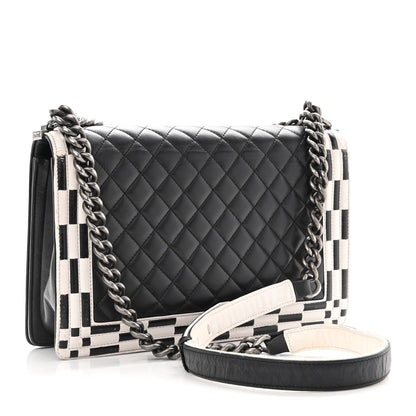Chanel Calfskin Quilted Checkerboard Trim New Medium Boy Flap Black White 3 of 17