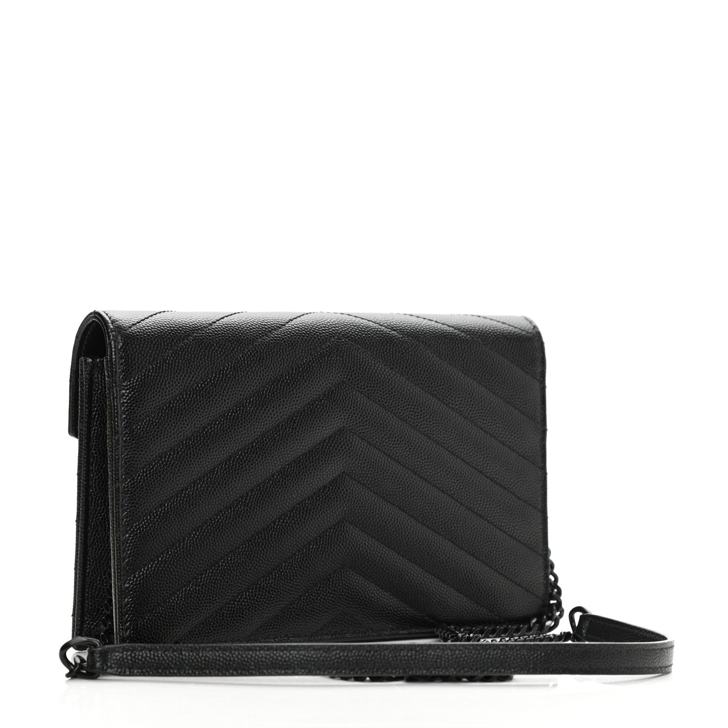 Saint Laurent Grain De Poudre Matelasse Chevron Monogram Monochrome Envelope Chain Wallet Black 3 of 9