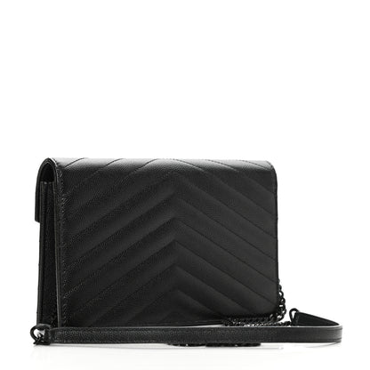 Saint Laurent Grain De Poudre Matelasse Chevron Monogram Monochrome Envelope Chain Wallet Black 3 of 9