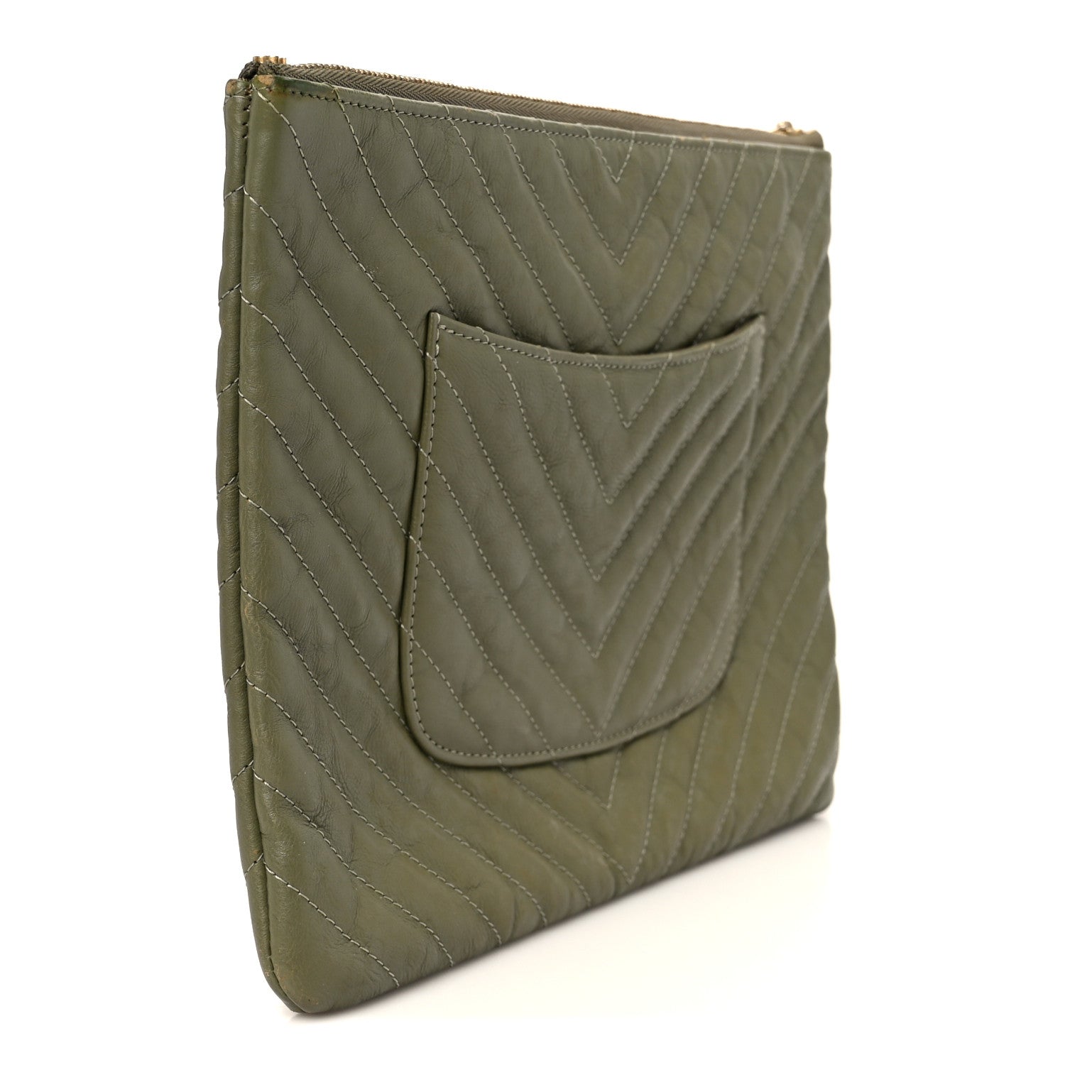Chanel Calfskin Chevron Quilted Medium Cosmetic Case Khaki 3 of 8