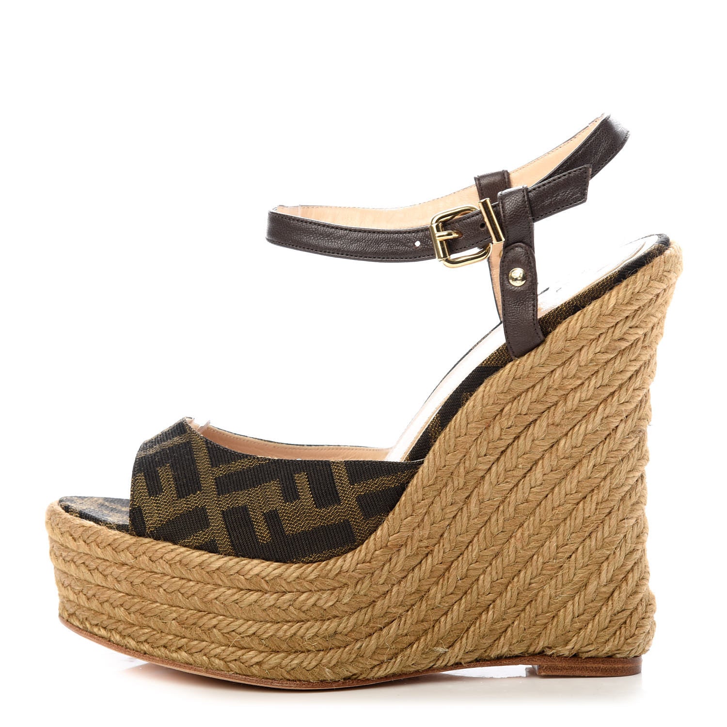 Fendi Canvas FF Raffia Ankle Strap Wedge Sandals 38 Beige 1 of 9
