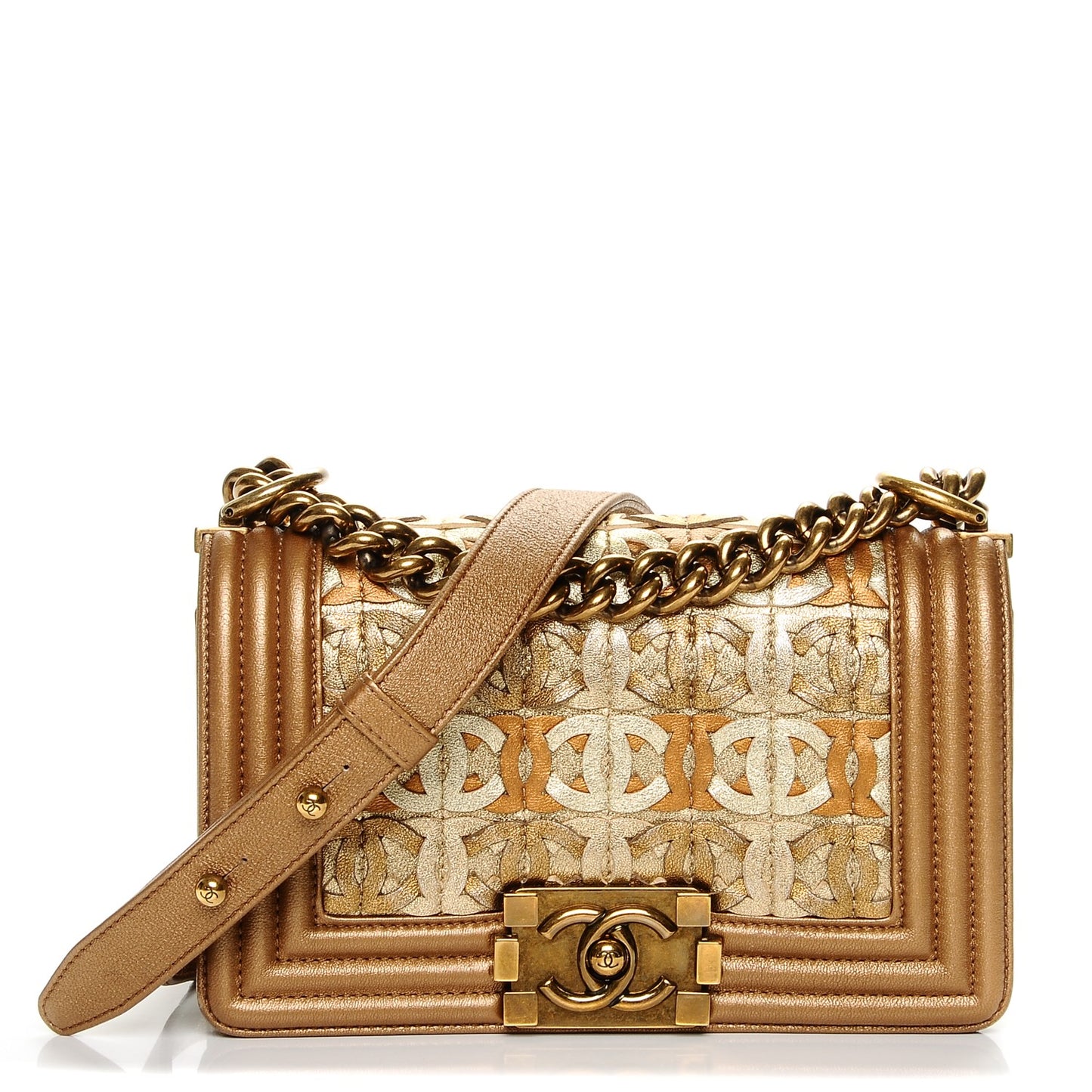 Metallic Lambskin Small Golden CC Boy Flap Dark Gold