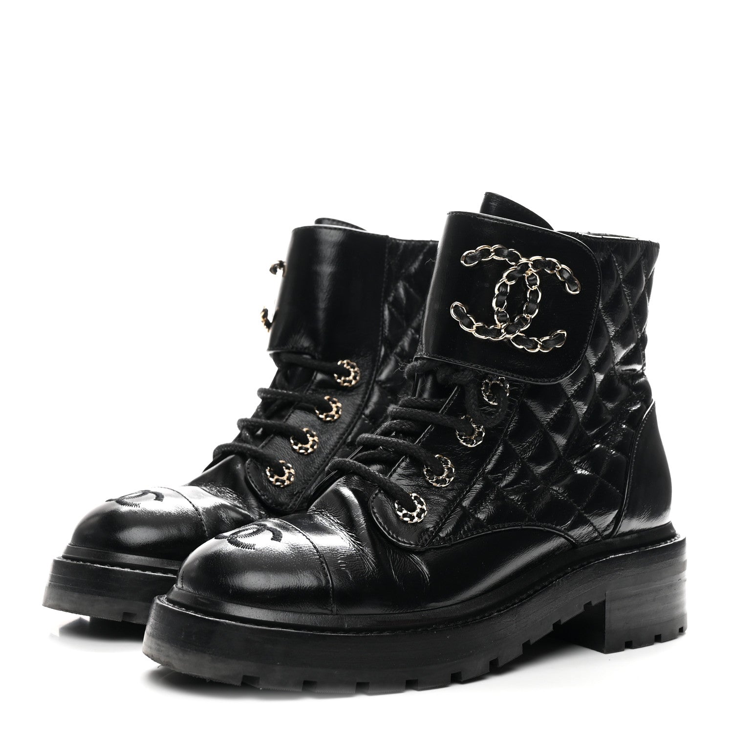 Chanel Shiny Calfskin Quilted Lace Up Combat Boots 36 Black 4 of 10